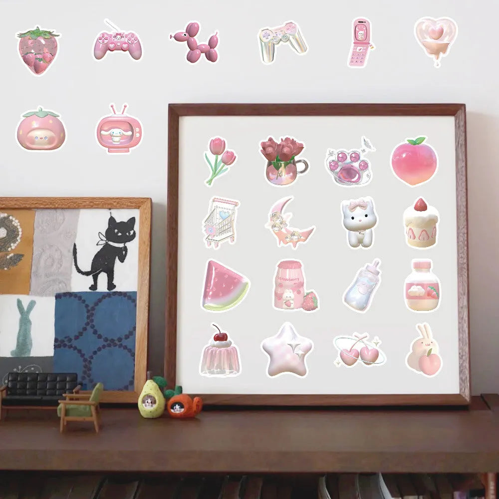 Pink girl heart pattern 3D decorative stickers in light colours with realistic dimensional effects
