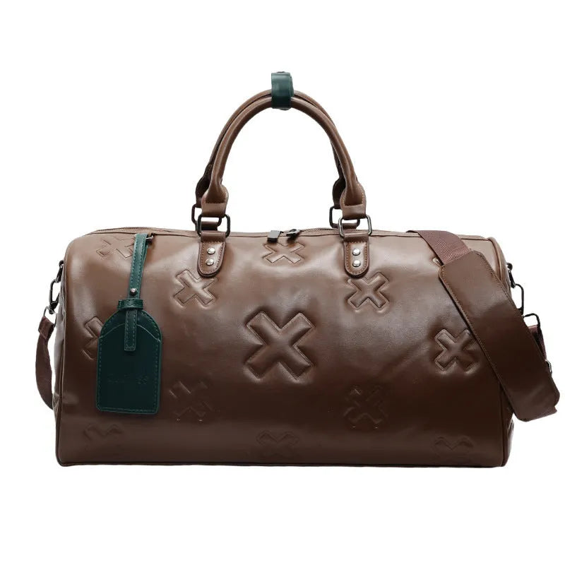 PU embossed travel bag in brown with 20-35L capacity, expansion function, and polyester lining