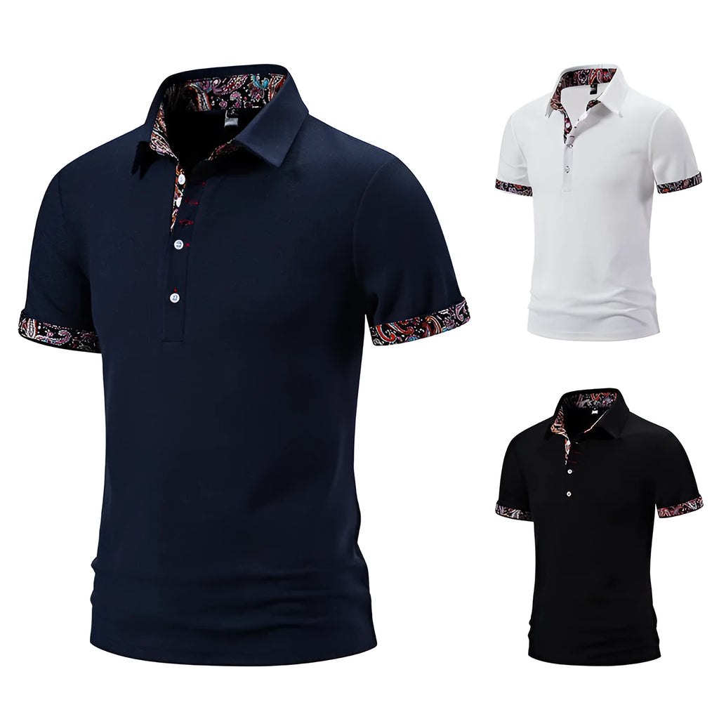 Men's cotton blend polo shirt in navy blue with short sleeves and a turnover collar.