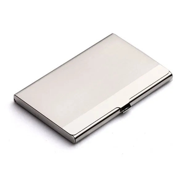 Geometric stainless steel business card case showing bevel, brushed, and mirror finish options.