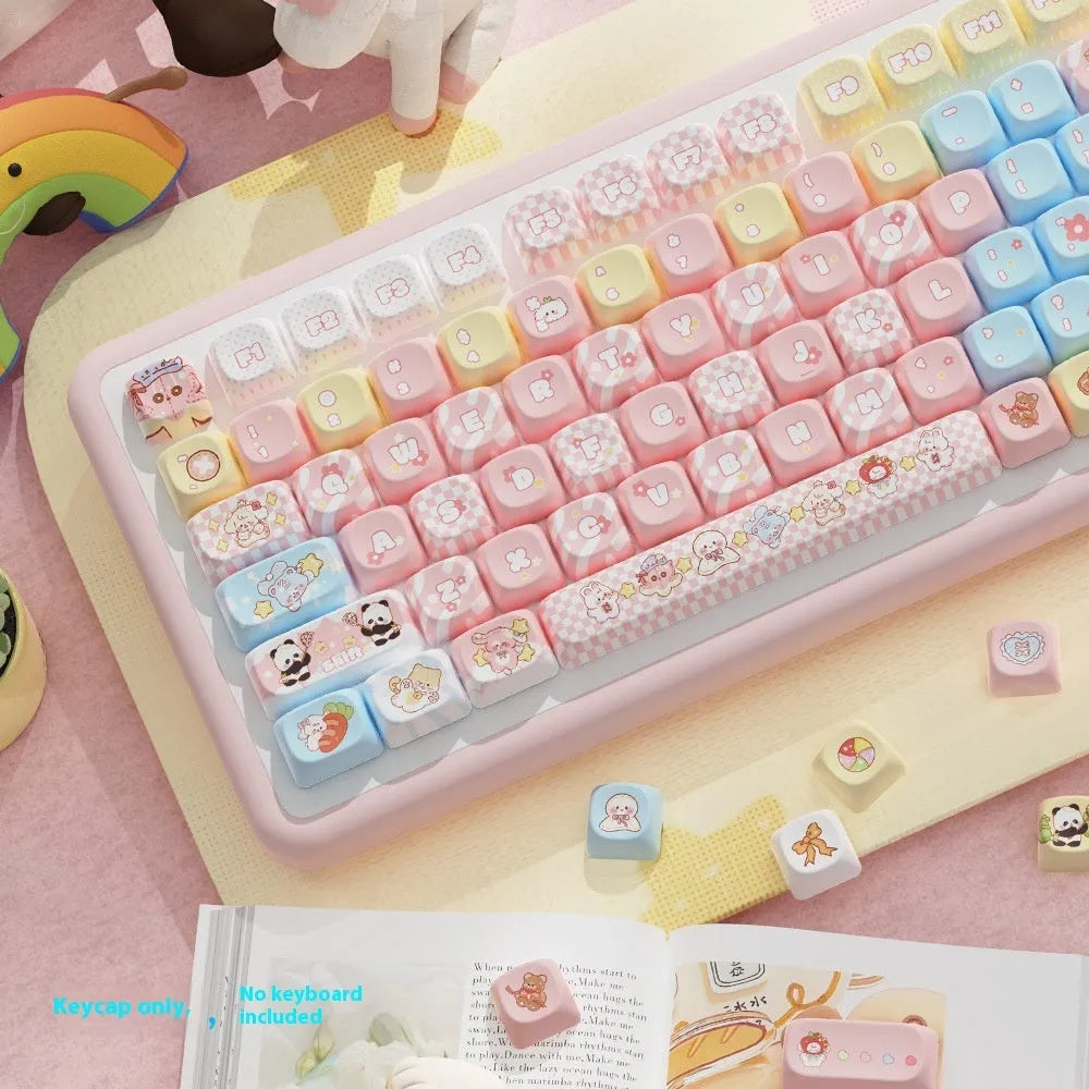 Doll-themed mechanical keyboard keycap set with sublimation printed designs in boxed packaging