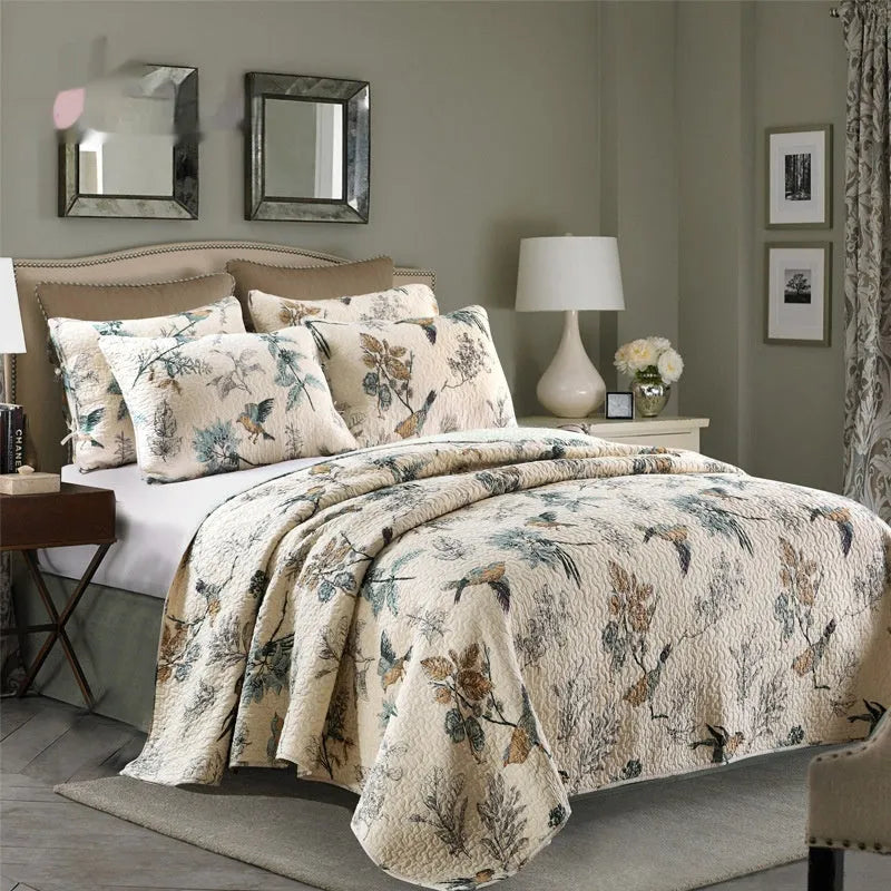 Quilted cotton bed cover three-piece set with printed pattern for 1.5-1.8 metre beds