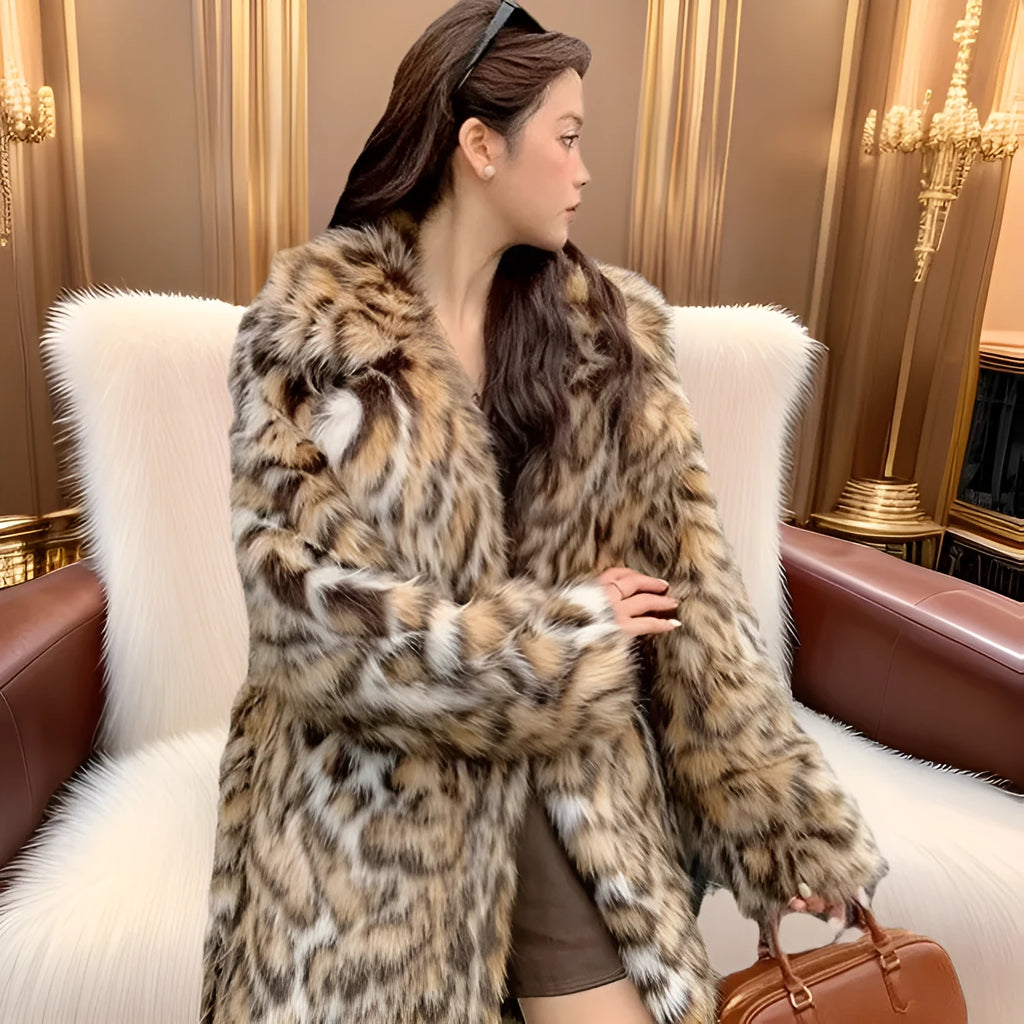 Women's faux fur coat with fox fur collar in mid-length or long 80cm style