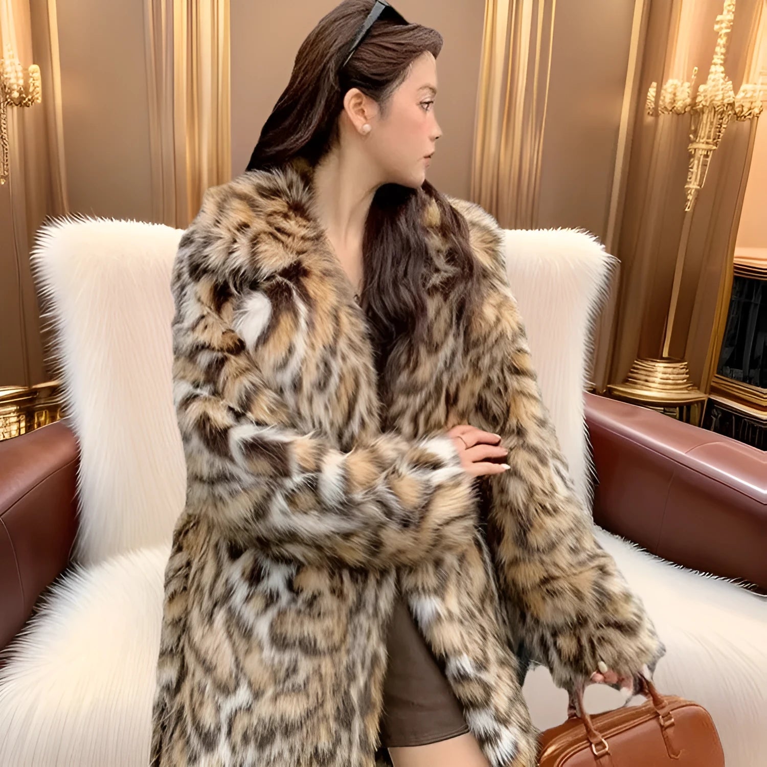Women's faux fur coat with fox fur collar in mid-length or long 80cm style