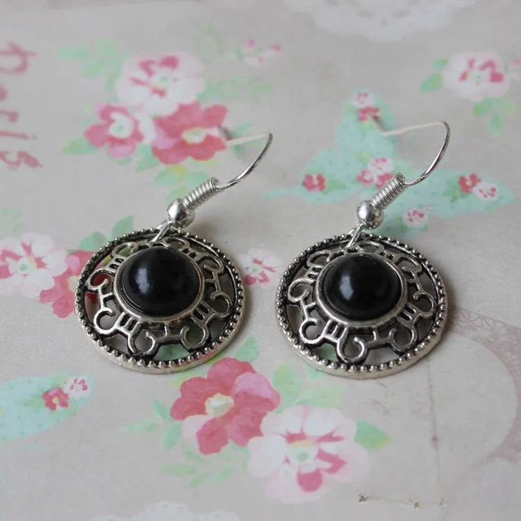 Handmade geometric flower disk earrings with Miao silver and turquoise ethnic design