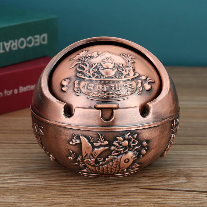 Bronze decorative ashtray with smoke extinguishing slot featuring traditional dragon design