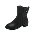 Black women's low heel short boots with round toe and side zipper made of artificial PU