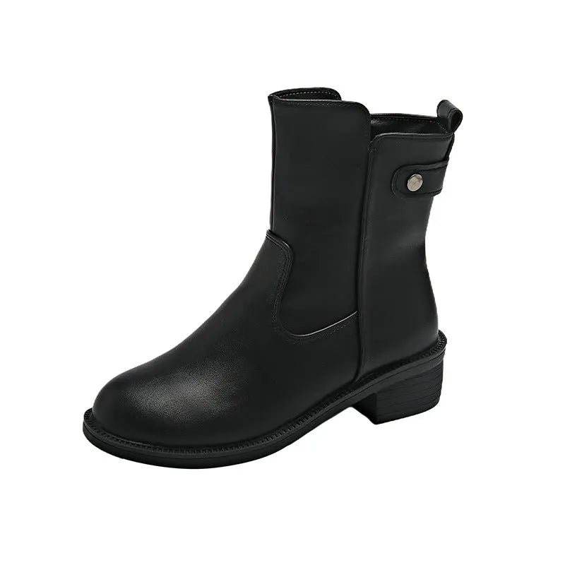 Black women's low heel short boots with round toe and side zipper made of artificial PU