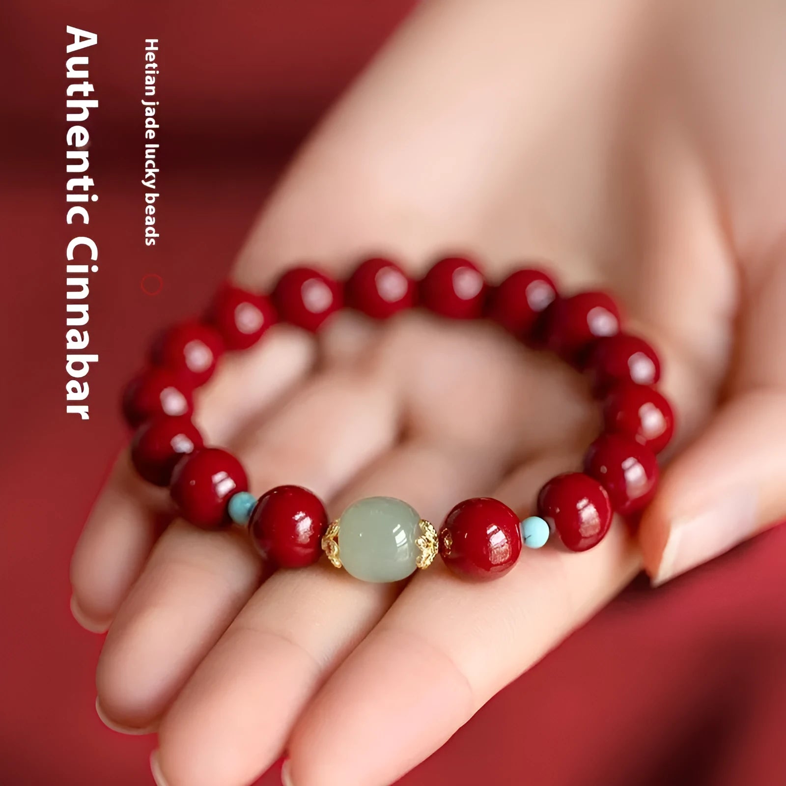 Purple gold sand cinnabar and Hetian jade beaded bracelet with geometric ellipse shapes on a wrist.