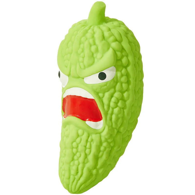 Bitter melon and chili shaped dog toys with textured surfaces for dental cleaning