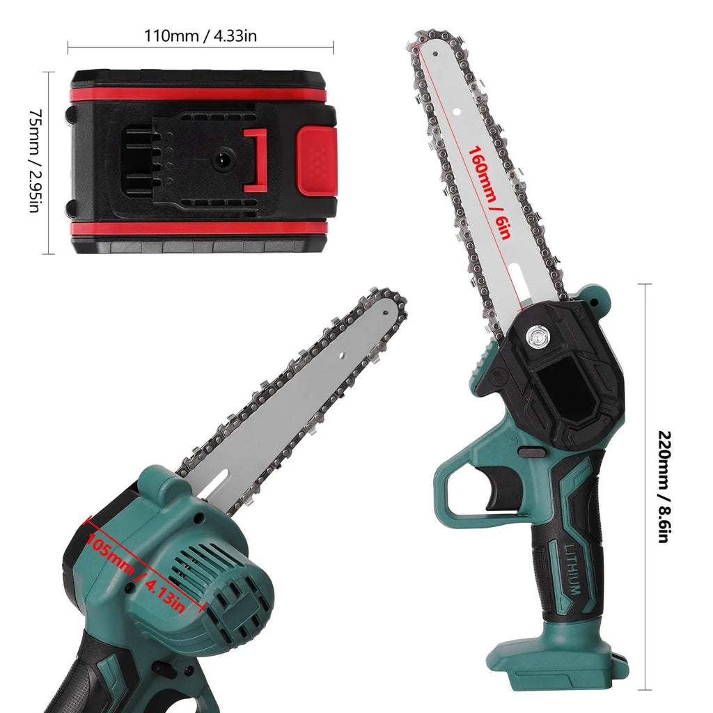 Small black electric chainsaw with 4 inch guide held in one hand for portable wood cutting