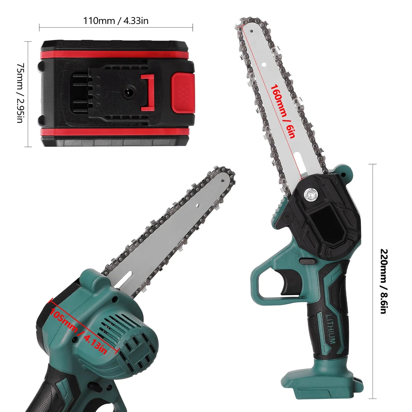 Small black electric chainsaw with 4 inch guide held in one hand for portable wood cutting
