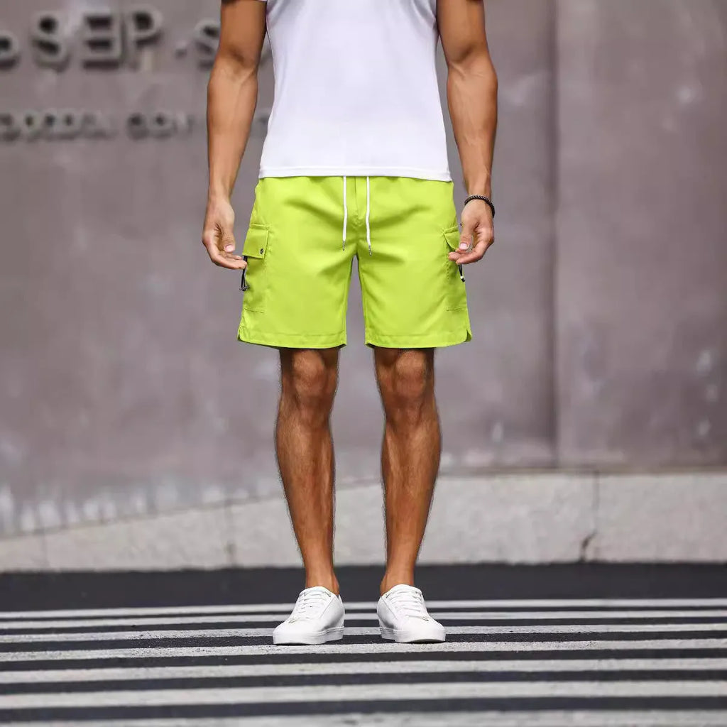 Men's loose straight-leg workwear shorts in fluorescent green or army green colours with micro-elastic polyester blend fabric
