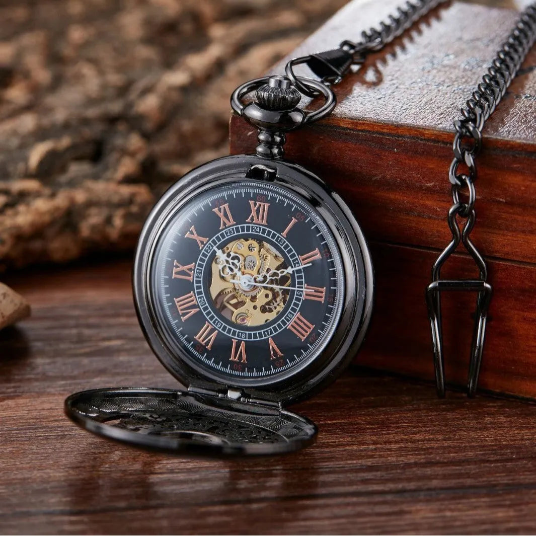 Retro floral print automatic mechanical pocket watch in alloy case with transparent back.