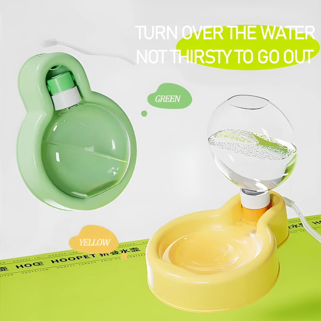 Green portable dog water bottle with pull-out drinking bowl for travel and outdoor use