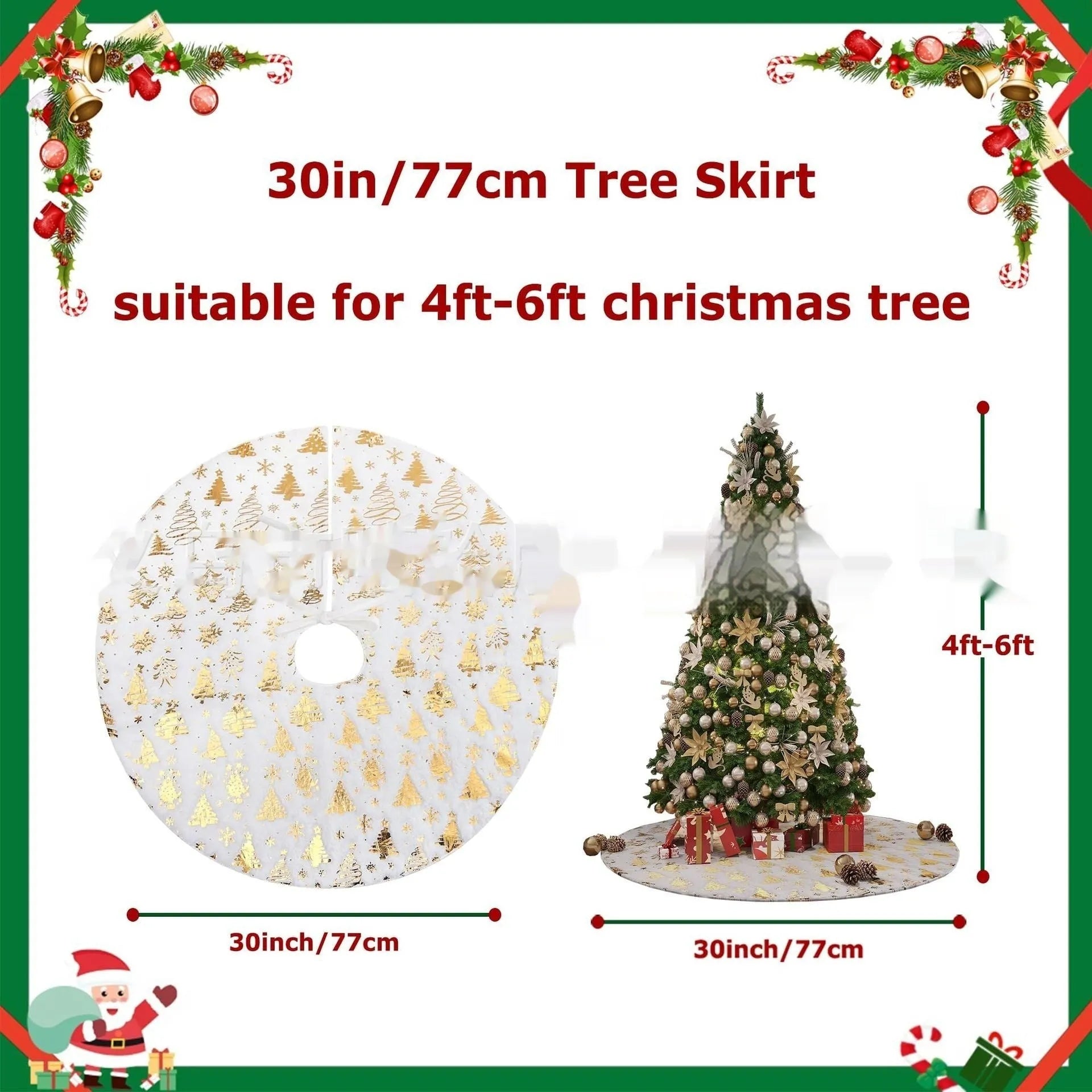 Plush Christmas tree shaped floor mat in red and green, shown in a festive living room setting.