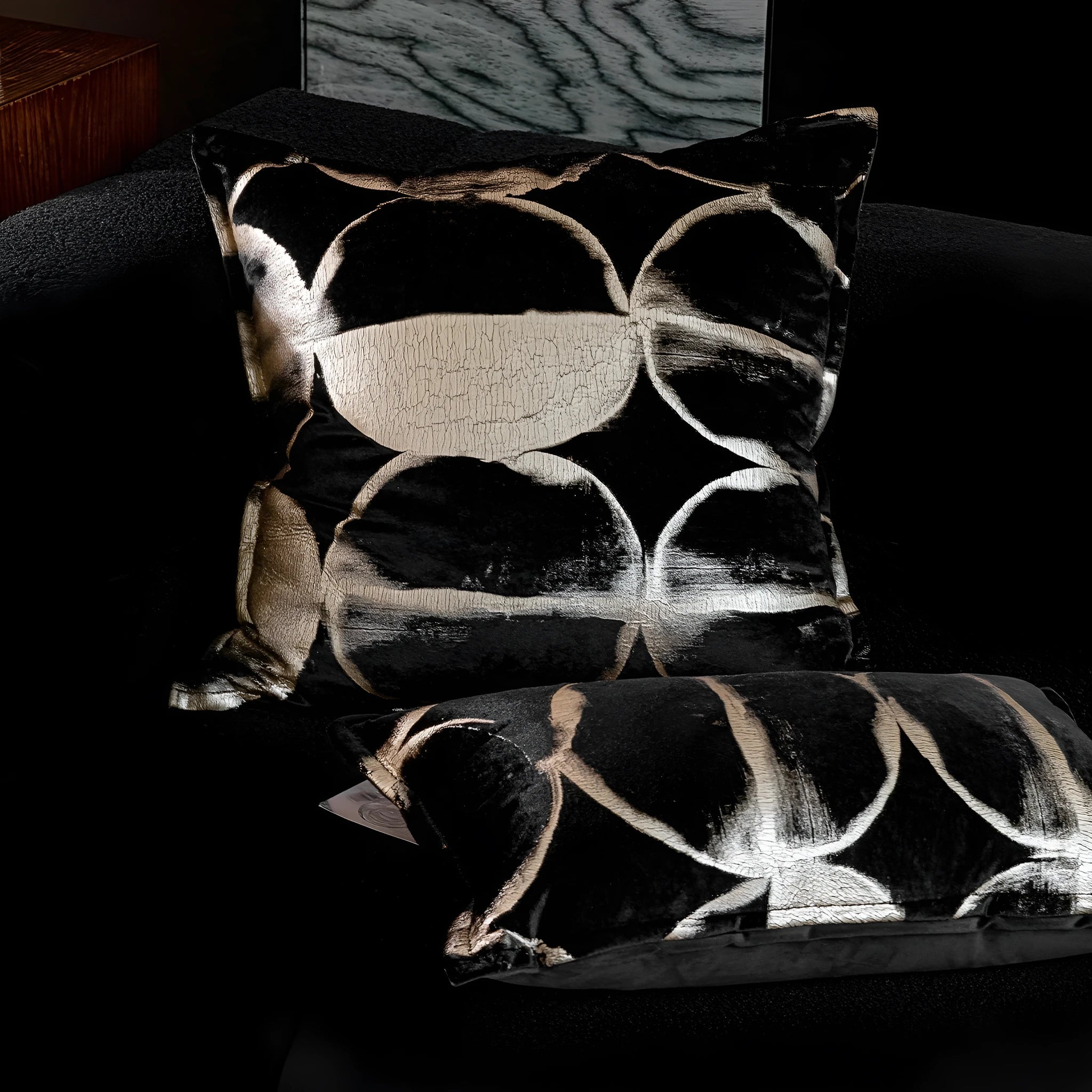 Black gold abstract pattern cushion with flannel bronzing on removable washable cover