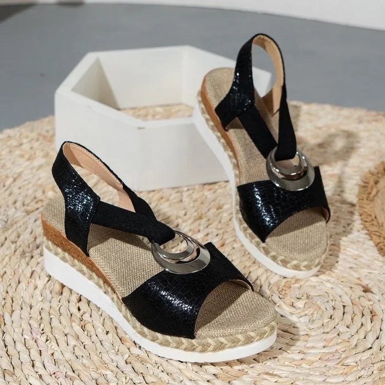 Platform wedge peep toe sandals with sequin cloth upper, ankle buckle and rubber sole, sizes 36-43