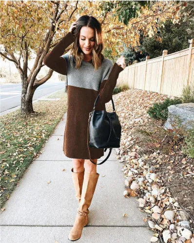Brown women's sweater dress with princess skirt silhouette, round neck, and long sleeves in polar fleece cotton fabric
