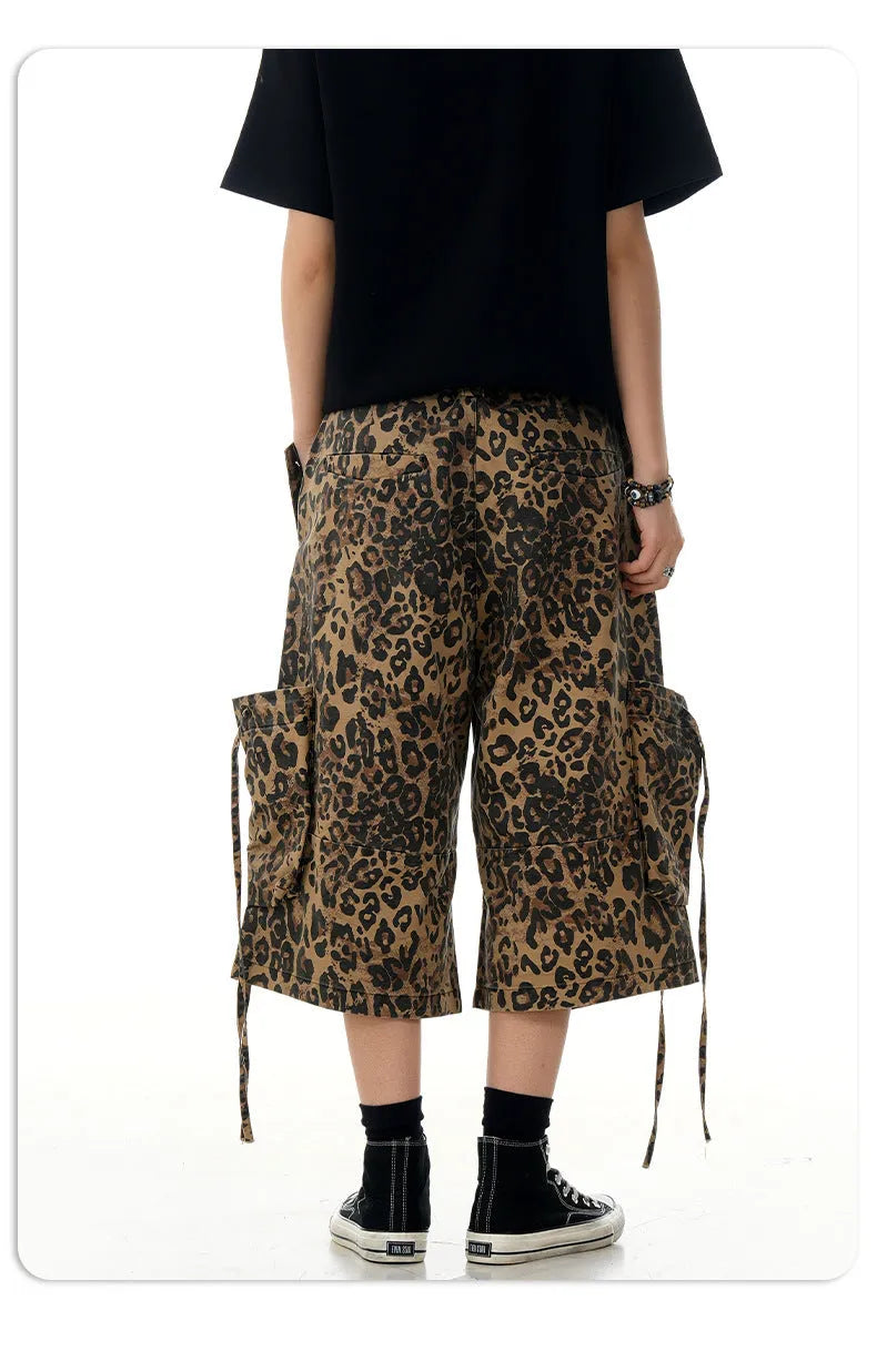 Leopard print high-waist cotton cropped pants with a loose straight leg and button front.