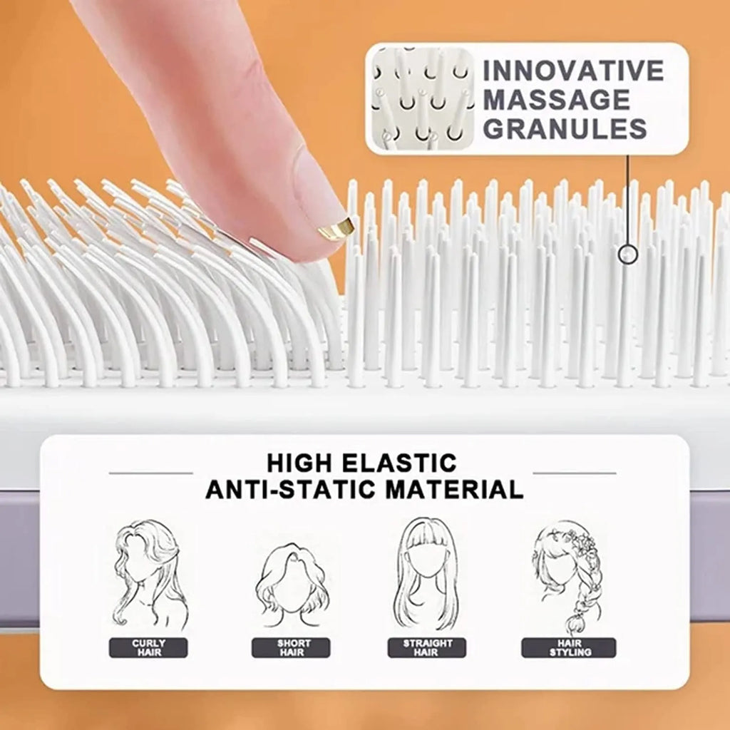 Self-cleaning hair brush with rotating handle in Roland purple colour showing ergonomic plastic design