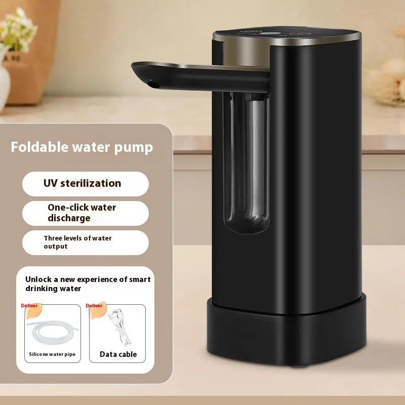 Folding water pump with LCD touch screen, 4W 5V, white or black base, for bucket or table use.