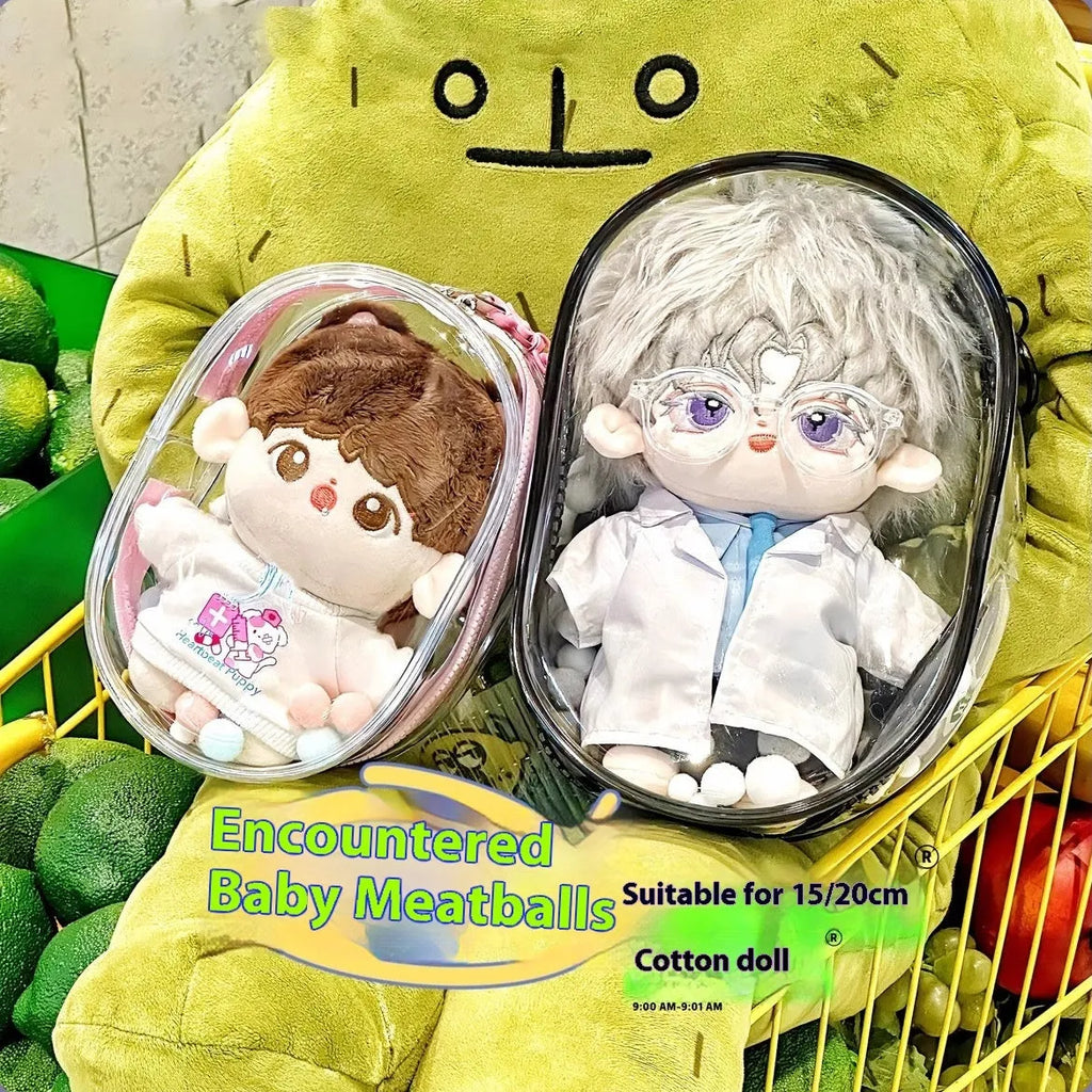 Clear PVC cube-style storage bag for cotton dolls, postcards, and collectibles in 13cm, 17cm, and 23cm sizes.