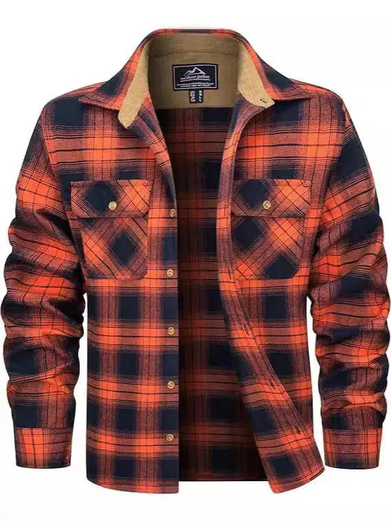 Men's flannel button shirt showing plaid pattern in multiple colour options with cardigan-style cut