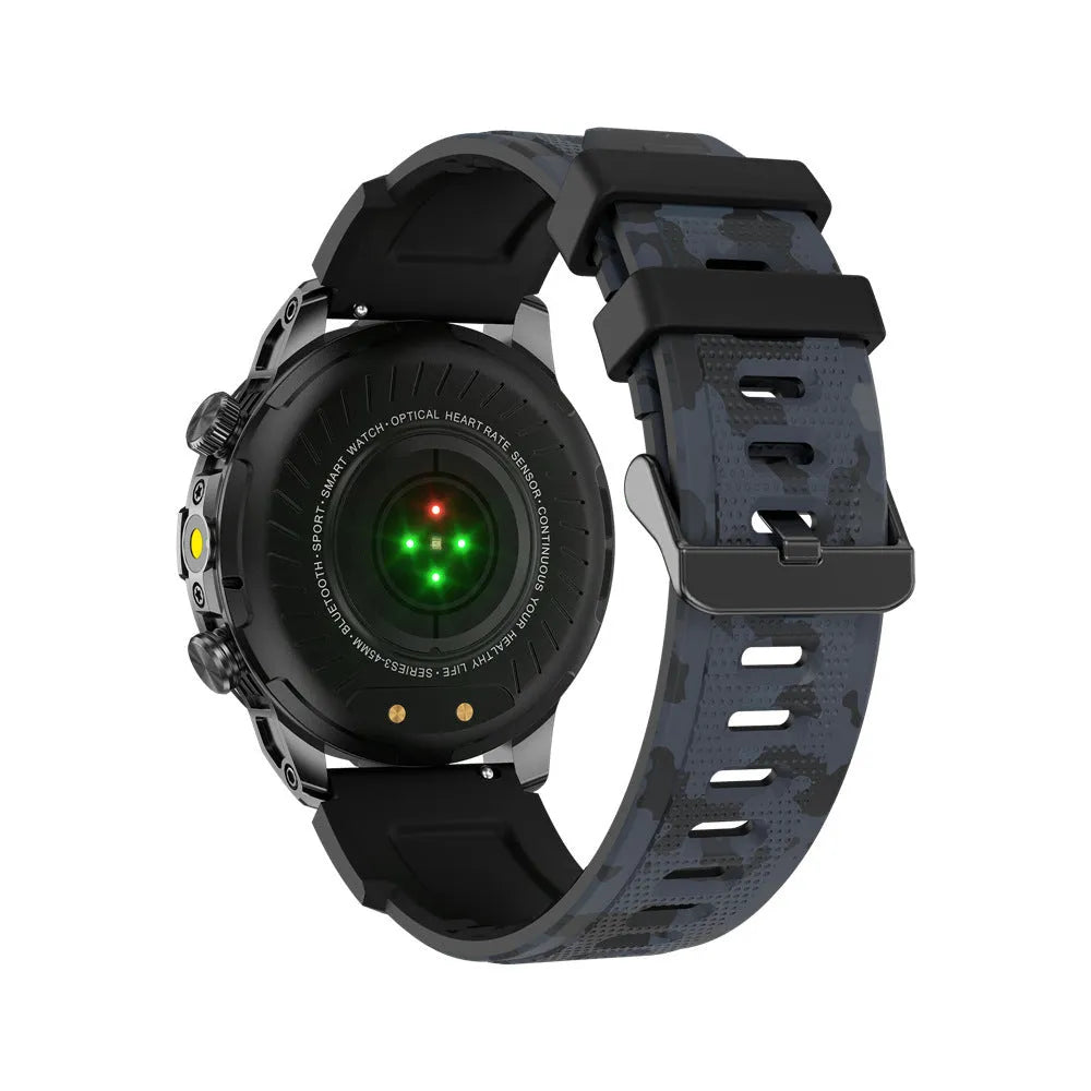 Black sports smartwatch with AMOLED screen displaying heart rate and time on a silicone strap.