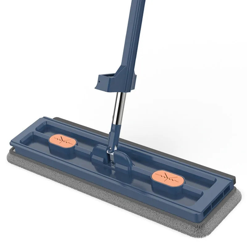 Large flat mop with extended stainless steel handle and blue fine fibre cloths on rotating head