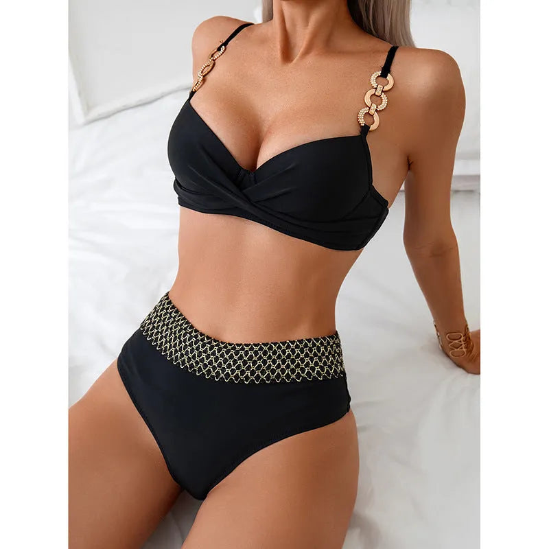 Black European and American style bikini swimsuit set with sleeveless top and briefs bottom