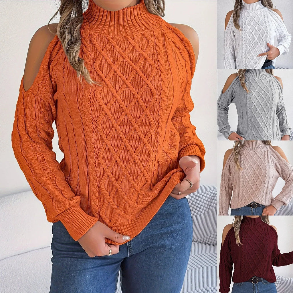Gray women's strapless sweater with twist detail, half-high collar, and long lantern sleeves on a hanger.