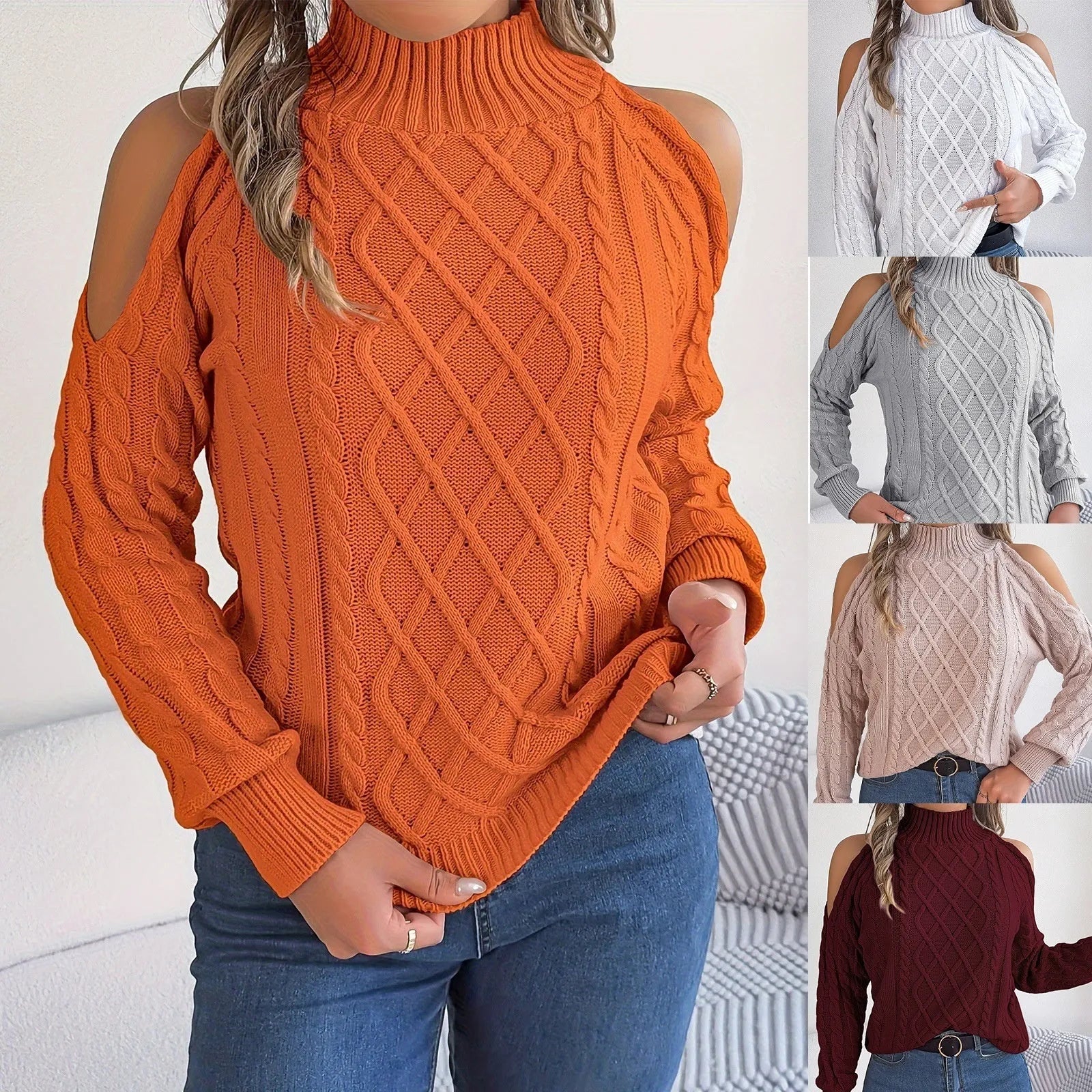 Gray women's strapless sweater with twist detail, half-high collar, and long lantern sleeves on a hanger.