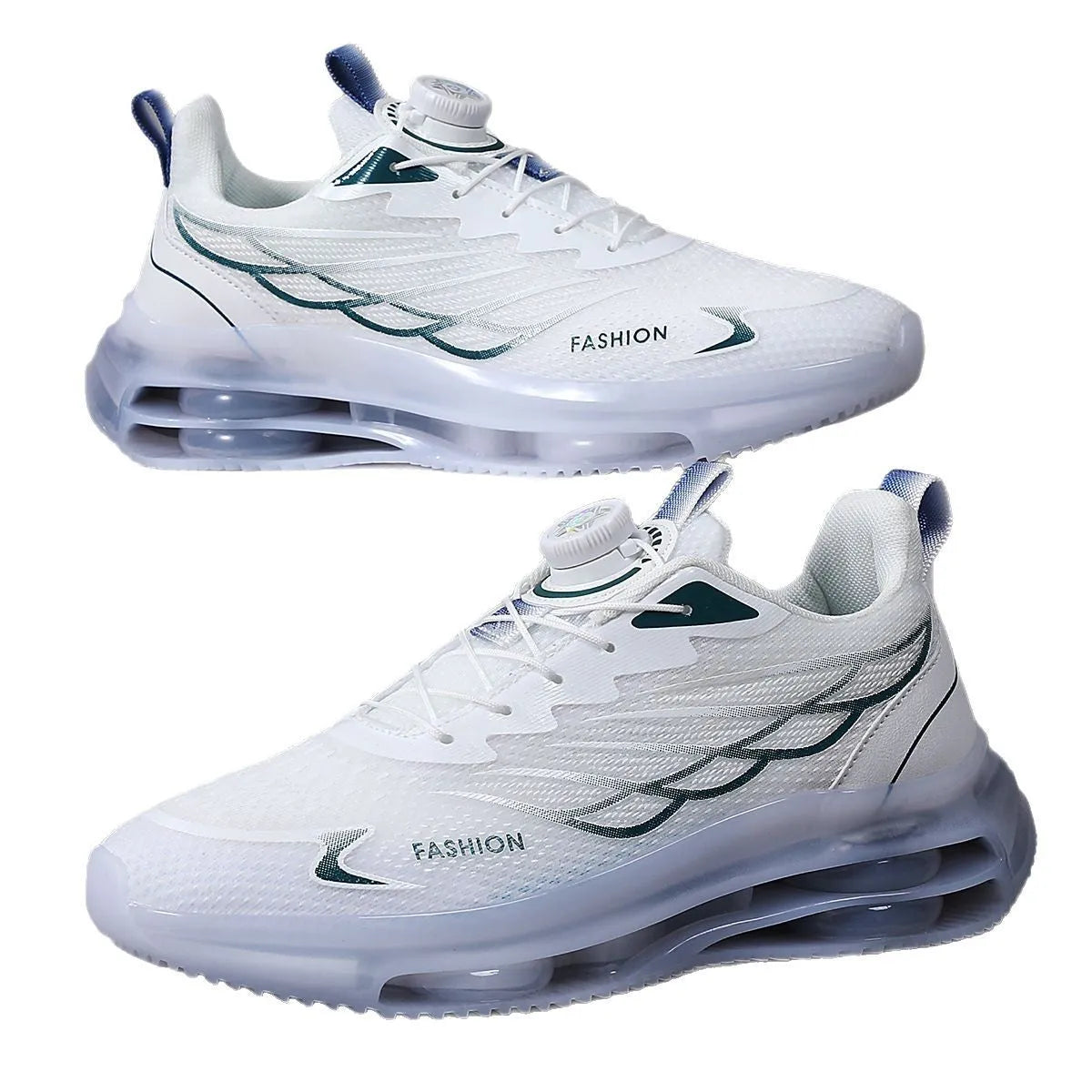 White mesh casual shoes with rotating button closure and round toe design
