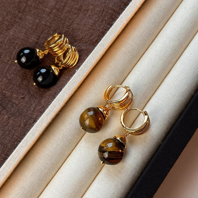Maillard geometric tigereye earrings with gold plating in black and brown colour options