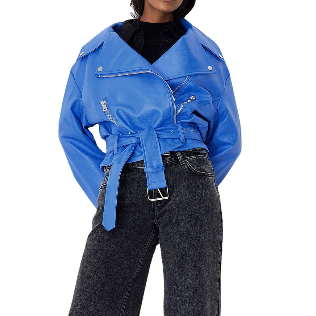 Women's black punk locomotive style jacket with a Peter Pan collar and drawstring waist.