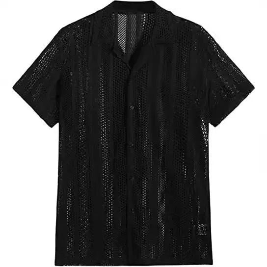 Men's short-sleeved knitted button shirt in black or white with jacquard texture and regular fit