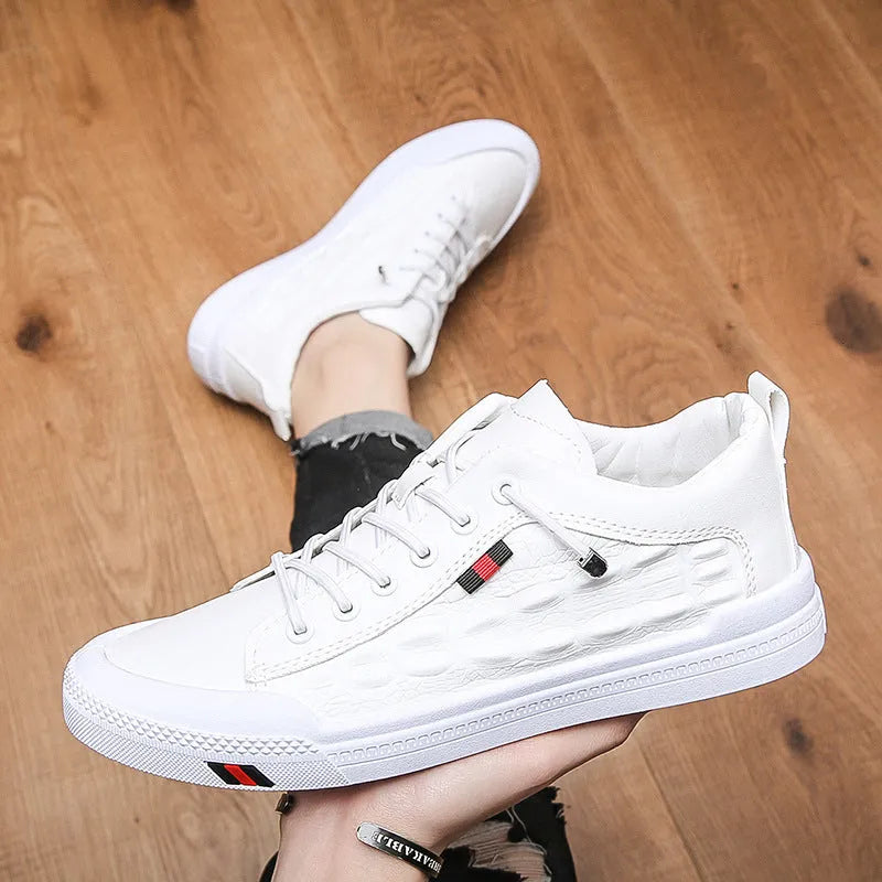 White men's casual sneakers with round toe and lace-up closure on rubber sole