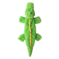 Green plush crocodile dog toy with no stuffing, featuring squeaker in head and crinkle paper in tail