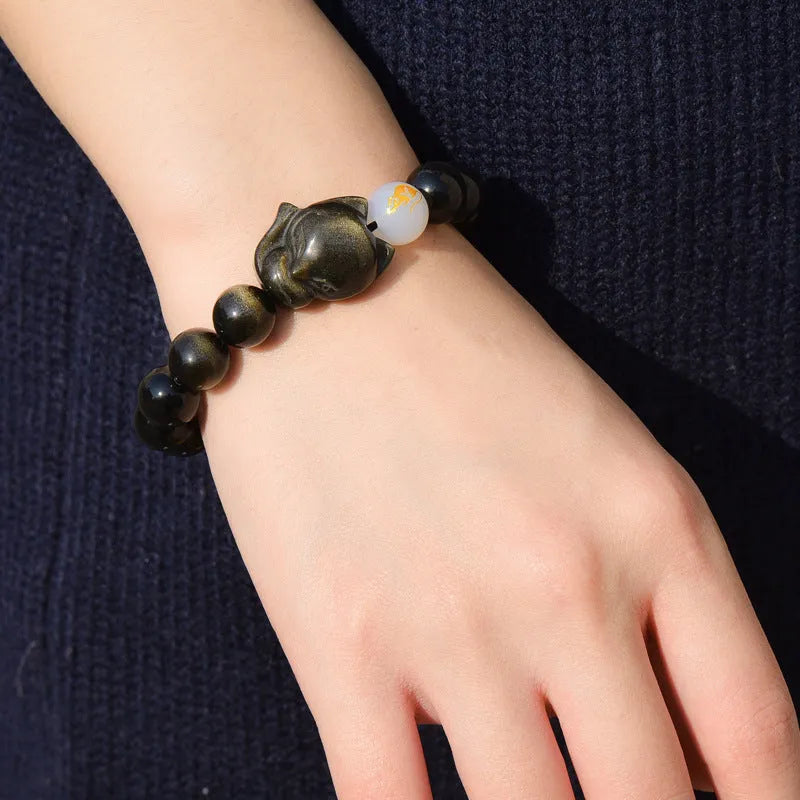 Obsidian national style bracelet with 10mm beads in three style variations