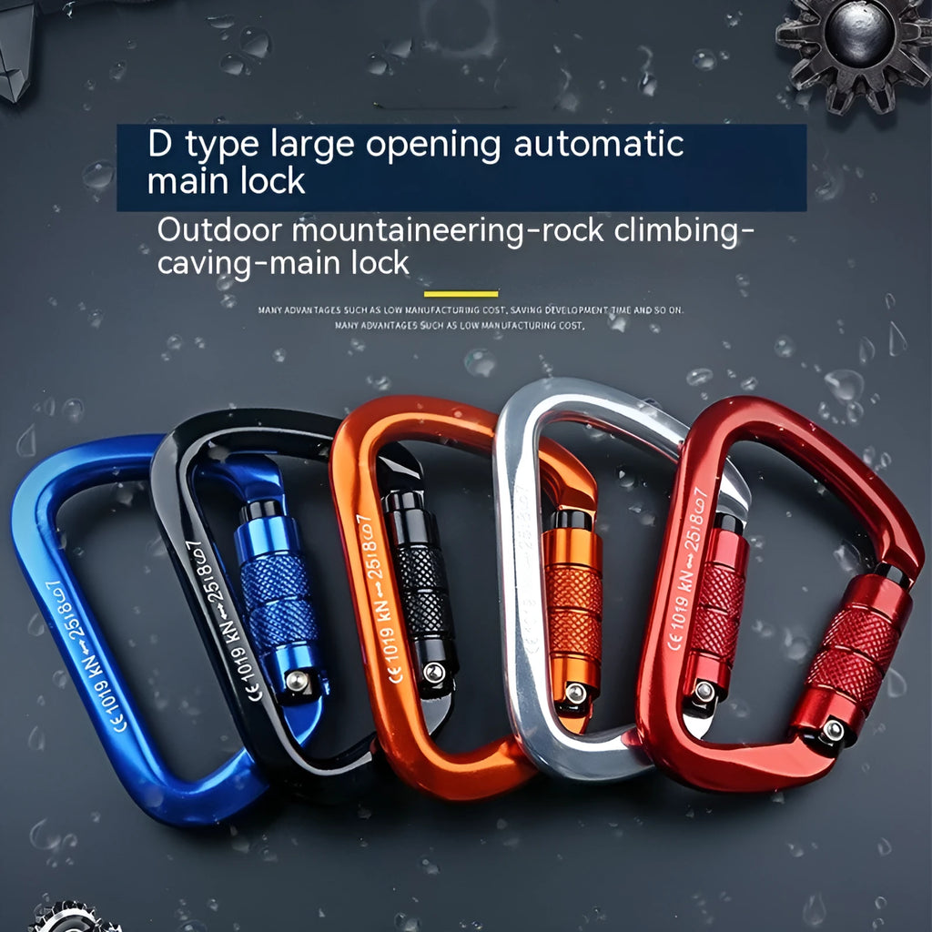 D-shaped steel climbing carabiner with automatic or screwgate lock in multiple colour options