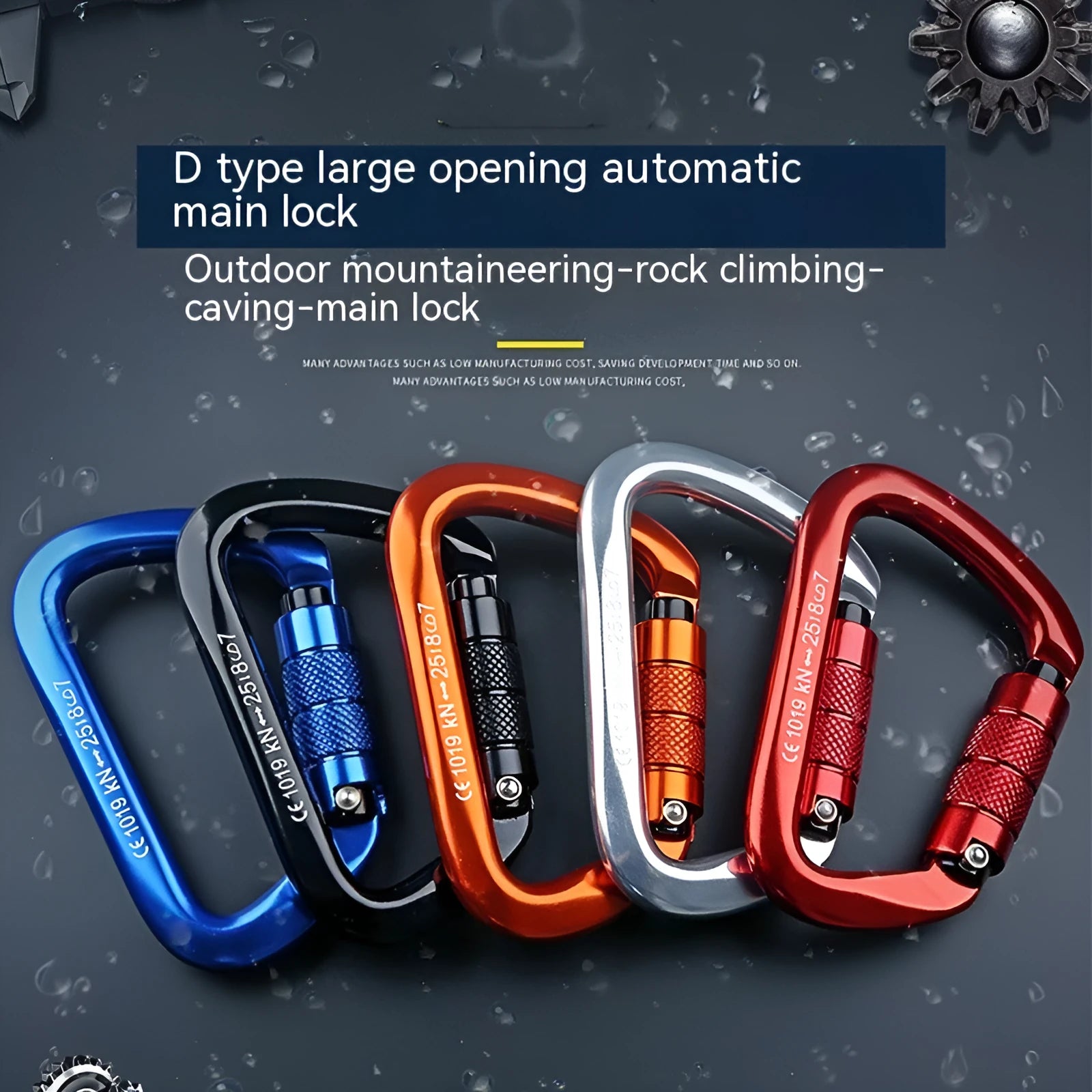 D-shaped steel climbing carabiner with automatic or screwgate lock in multiple colour options