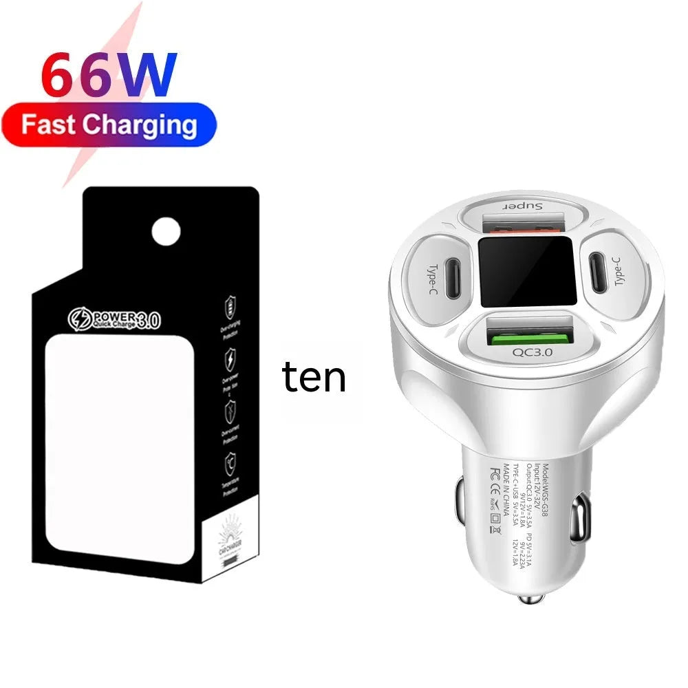 66W black digital display car charger with two USB and two Type-C ports showing voltage readout.