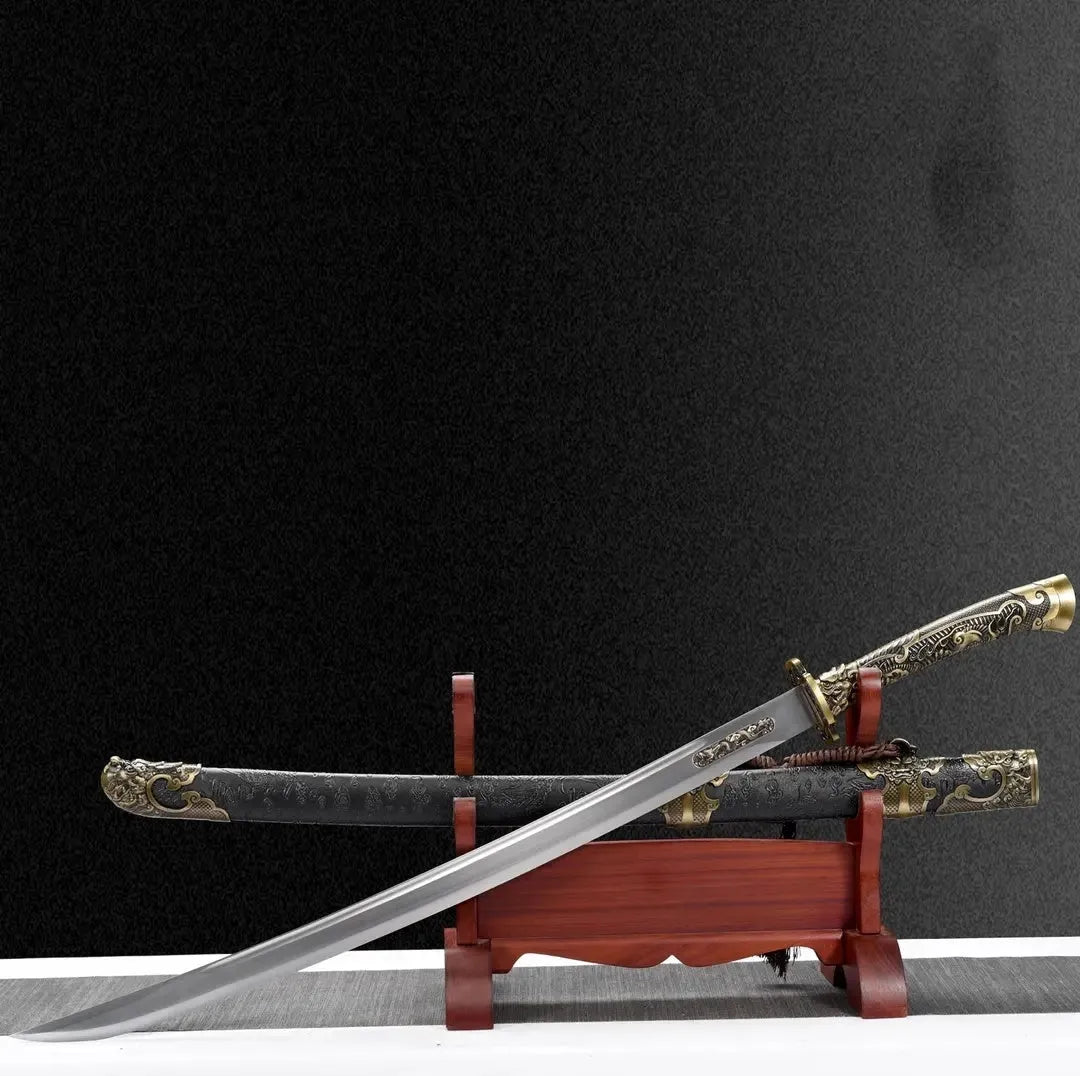 Fulong Wild Goose Feather Saber with integral keel, 108cm length, unsharpened high manganese steel blade, and leather-covered scabbard