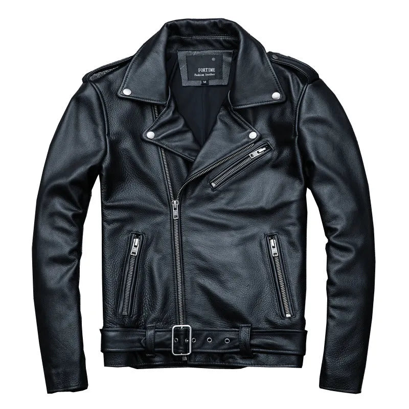 Pure cowhide black biker leather jacket with full front zipper, shown on model