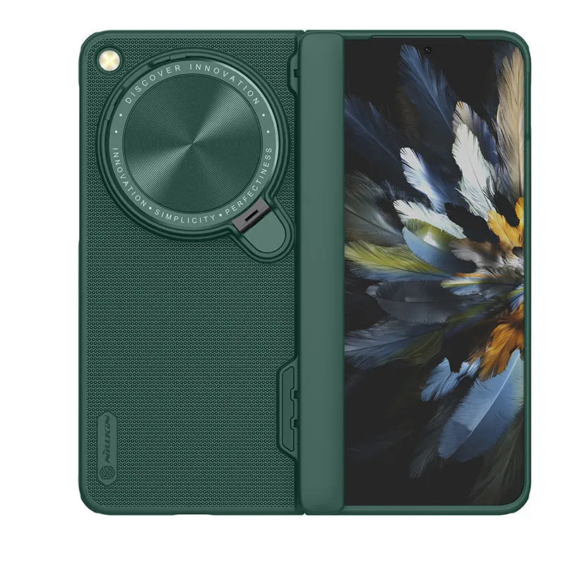 Frosted hard phone case for OnePlus folding phone with invisible metal bracket, in black, blue, or dark green.