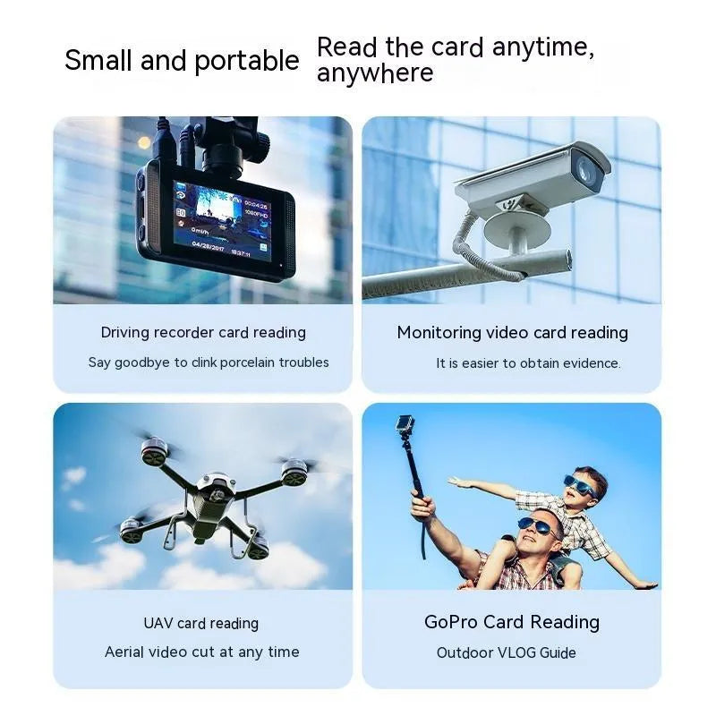 Multi-function SD to TF card reader with USB3.0 and Type-C interface, aluminium alloy or ABS body, 20 x 11 x 74 mm