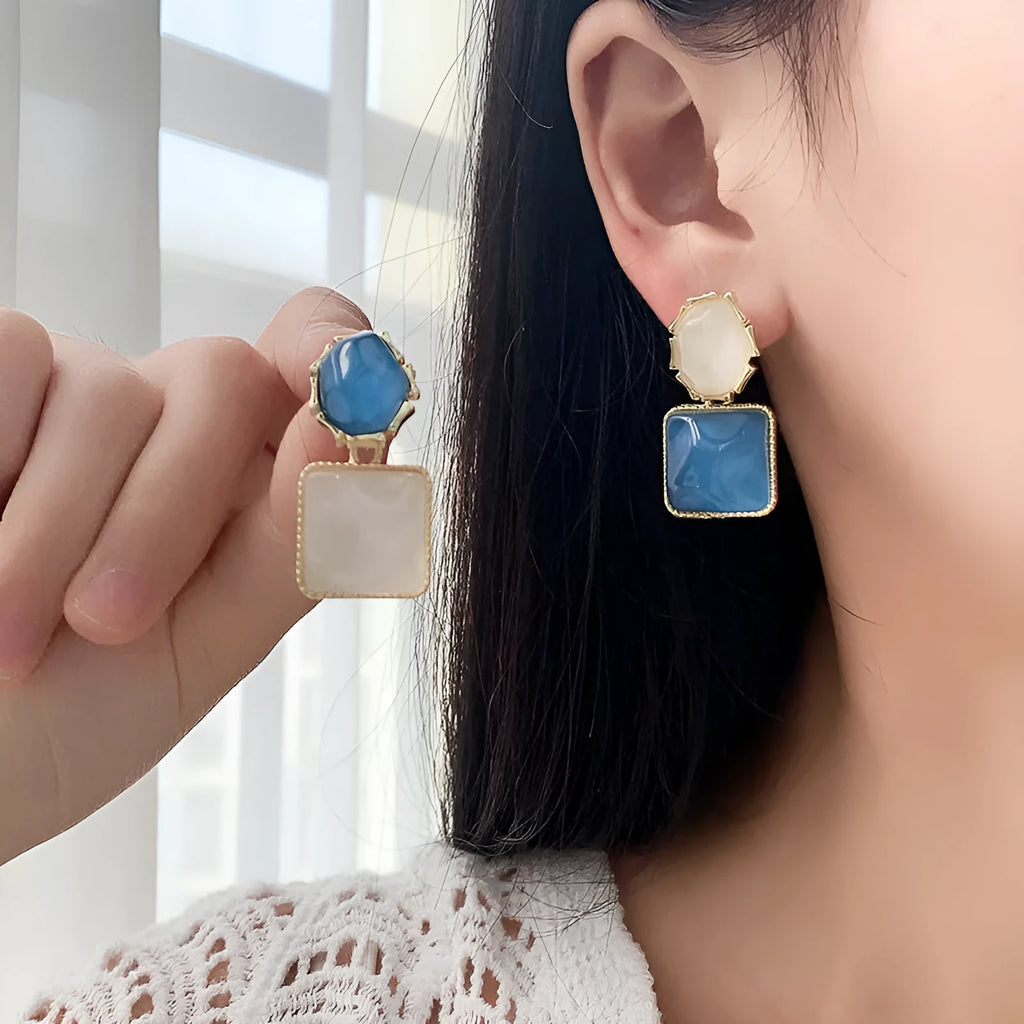 Contrast colour water ripple geometric square earrings in light blue, electroplated alloy, side view