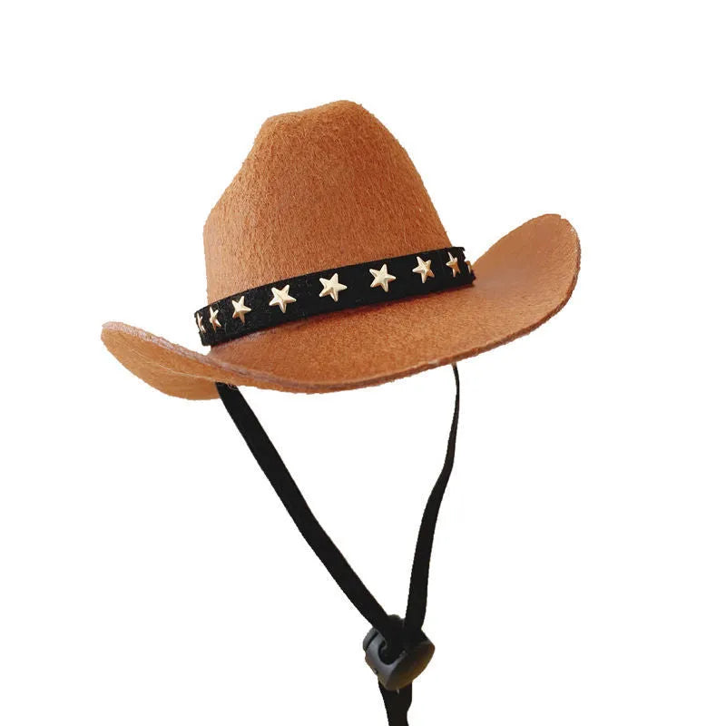 XINGX brown and black British-style cowboy hat for cats on a mannequin head.