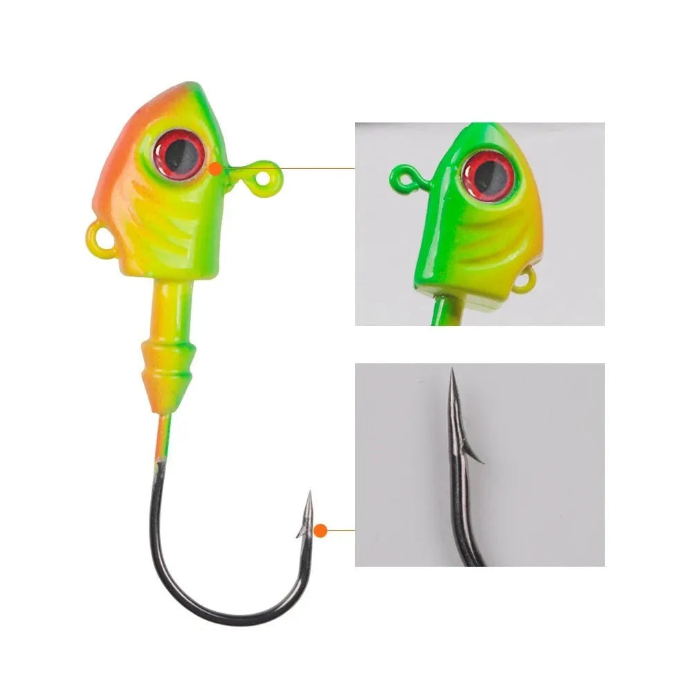 Yayu shaped lead head fishing jig hooks in blue, silver, and yellow, showing the fish-shaped design.